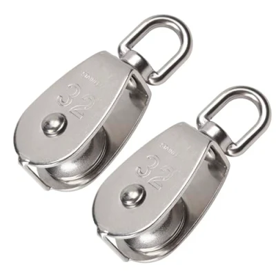 Image of BuxiuGK 2 Piece 32 mm Single Pulley Block Heavy Duty Roller in 304 Stainless Steel Suitable for Rope or Cord Indoor and Outdoor Loading 250kg Silver