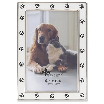Image of 4x6 Silver Metal and White Enamel Picture Frame, Paw Print Design