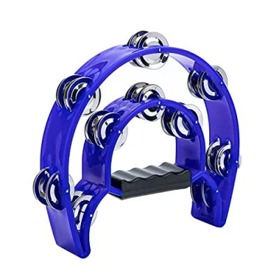 Image of Musfunny Half Moon Tambourine with Double Row Metal Jingles Tambourines Hand Held Percussion Musical Instrument for Adults Church KTV Party Music Classes Bands (Blue)
