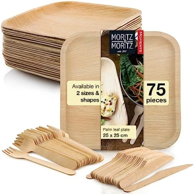 Image of Moritz &amp; 75 pcs. Disposable Plates and Cutlery Set 25x25 cm 25 Palm Leaf Wooden Alternative to Bamboo Paper