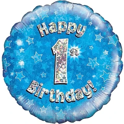 Image of Blue Holographic 1st Birthday Balloon (packaged with self sealing valve and eurohook)