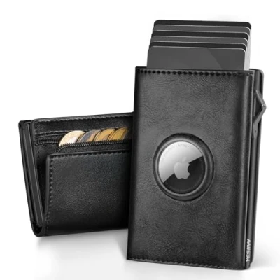 Image of YESIIW Apple Airtag Wallets for Men, Slim Mens RFID Blocking, Pop Up Credit Card Holder Men Air tag Wallet, Minimalist Wallet Smart with Coin Pocket &amp; ID Window, Black