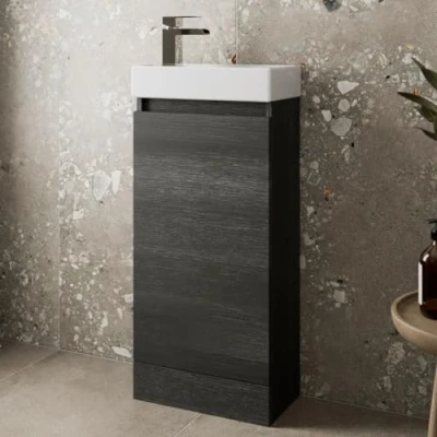 Image of Artis 400mm Bathroom Vanity Unit With Wash Basin Ceramic Sink, Single Door, Cloakroom Storage Furniture Under Cabinet, Floorstanding Cabinets, Charcoal Grey