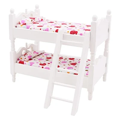 Image of WANGCL Dolls Cot 1/12 Miniature Bunk Bed Wooden House Furniture for Barbie Decoration Strawberry Pattern
