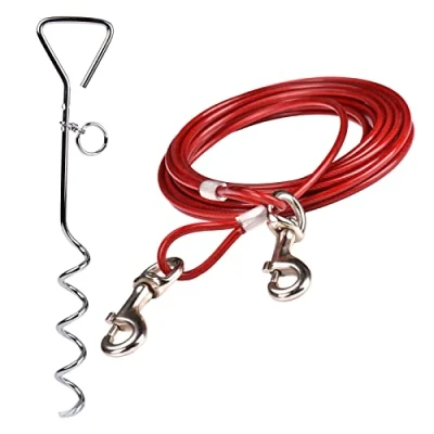 Image of 16ft(5M) Dog Tie Out Cable with 18&quot; Spiral Ground Stake Spike for Outdoor Yard and Camping Small to Medium Dogs (Red, cable, stake)