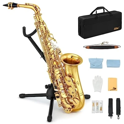 Image of Eastar AS Ⅱ Student Alto Saxophone E Flat Beginner Sax Full Kit, Carrying Case, Mouthpiece, Straps, Reeds, Stand, Golden Lacquer