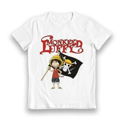 Image of Bioworld One Piece Monkey D Luffy Flag White Kids T Shirt 07 08 Year
