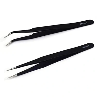 Image of 2 Pieces Black Tweezers for Crafting, Precision ESD Tweezer Set, Modelling Tweezers, Anti Static Stainless Steel Electronic Device Repair, Electronics, Laboratory