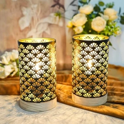 Image of JHY DESIGN Set of 2 Metal Battery Powered Lamps 19cm High Accent Cordless with 6 Hours Timer for Weddings Party Patio Garden Indoors Outdoors Table Balcony（Wooden Base）