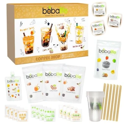 Image of Bubble Tea Kit Gift Box Coffee Shop Selection Makes 12 Drinks Flavoured Powders &amp; Syrup Chocolate, Coffee, French Vanilla, Pumpkin Vegan Gluten free By Bobalife