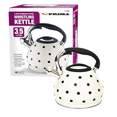 Image of Prima 11185C 3.5L S/S Whistling Kettle Wht/Blk, Phenolic, 7 Cups, White &amp; Black Polka Dot