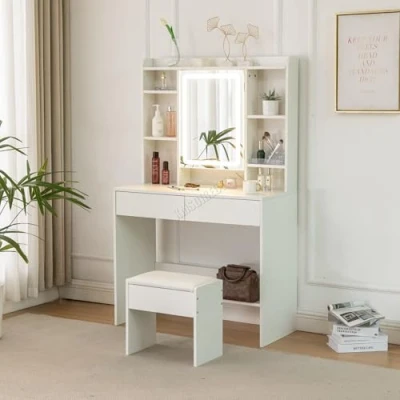 Image of WestWood Dressing Makeup Table Set with Large Tabletop and Stool Wooden White Vanity Ample Jewelry Bags Easy to Clean Multiple Adjust Shelves Hidden Storage Drawer Mirror Cabinet Adjustable LED Light