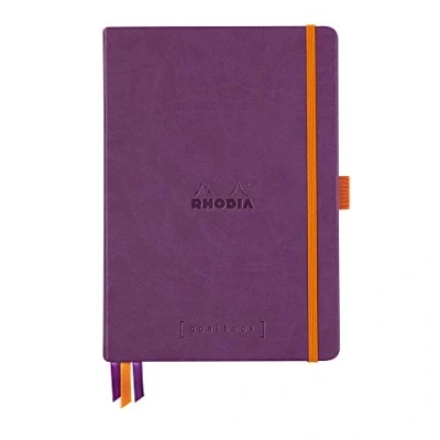 Image of RHODIA 118780C Bullet Journal Goalbook Rigid Notebook Purple A5 Dotted Dot 240 Pages 90g Ivory Clairefontaine Paper 3 Ribbons, Elastic Closure Faux Leather Cover