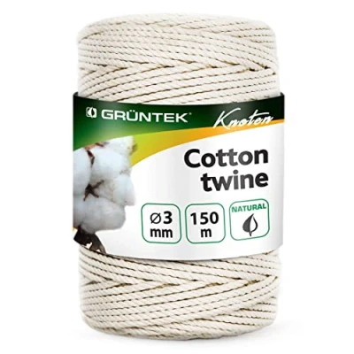 Image of GRÜNTEK 3mm x 150m Macramé Cord 100% Natural Cotton, 3 Strand Twisted Rope for Crafts, Knitting, Decor, and Gift Packaging in Elegant Beige