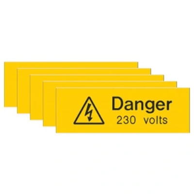 Image of iSigns Warning Signs (Danger 230 Volts) Pack of 5, Rigid and Engraved Danger Sign, 75x25mm, Easy to Apply Self Adhesive High Voltage British HSE Standards Approved