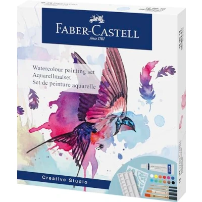 Image of Faber Castell 169618 Watercolour Paint Set 18 Pieces with 12 Tubes, 4 Brushes, Mixing Palette and Stencil