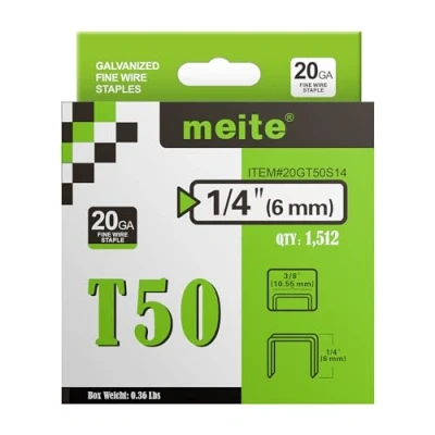 Image of meite T50 Staples, Type 140/6 mm Heavy Duty Staples for Staple Gun, 20 Gauge 3/8 Inch Crown Galvanised Upholstery Gun (1,512 Counts)