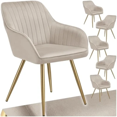 Image of TecTake® Set of 6 Dining Chairs with Quilted, Velvet Look Covers, Softly Padded Armchair Continuous Backrests &amp; Golden Steel Legs, Ideal Kitchen, Living Room Desk Taupe/Gold