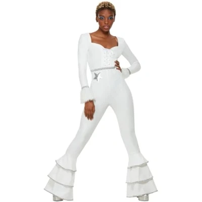 Image of Smiffys 70s Deluxe Glam Costume, White Ruffled Jumpsuit, 1970&#039;s Disco Fancy Dress, 1970s Dress Up Costumes