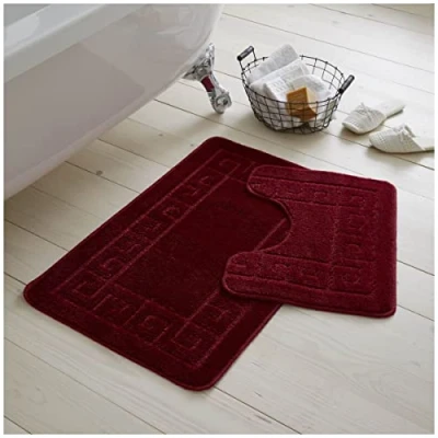 Image of GC GAVENO CAVAILIA Greek Key Pattern Bath Mats 2 Piece Sets Non Slip, Soft Washable Rug Quick Dry Water Absorbent Bathroom Shower Mat &amp; Pedestal Set, Burgundy