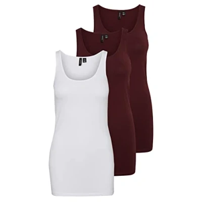 Image of VERO MODA Women&#039;s VMMAXI My Soft Long Tank Top GA, Pack of 3, Red/White (2 X Port Royale/1 Bright White), S