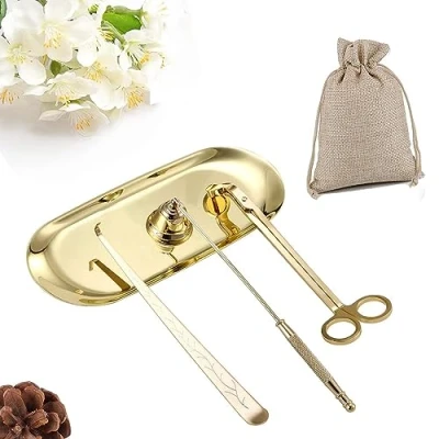 Image of QeeHeng Candle Wick Trimmer Flame Snuffer with Tray 4 in 1 Care Tools,Candle Stopper,Candle Cutter (Gold)