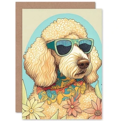 Image of Artery8 Poodle Dog with Sunglasses and Bandana in Daisies Modern Multicoloured Illustration Art Birthday Sealed Greeting Card Plus Envelope Blank inside
