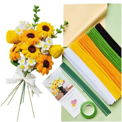 Image of YYUENGTAK Sunflower Bouquet Pipe Cleaner Set, with 210 Pieces Cleaners for Crafts (5 Colours), Instructions, 12 Green Craft Wire, Gift Wrapping Ribbon, Flower Hot Melt Adhesives