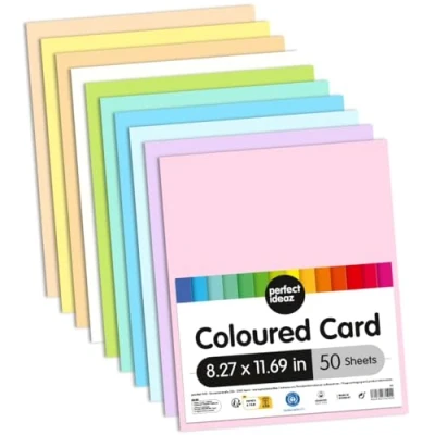 Image of perfect ideaz 50 sheets DIN A4 coloured photo card, craft carton, 10 pastel colours, tinted drawing paper