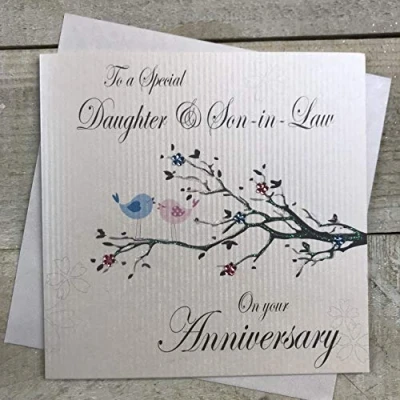 Image of WHITE COTTON CARDS To A Special Daughter &amp; Son in Law, Love Birds Handmade Anniversary Card, PD193a