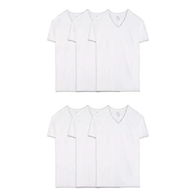 Image of Fruit of the Loom Men&#039;s Eversoft Cotton Stay Tucked V Neck T Shirt, Regular White 6 Pack, S