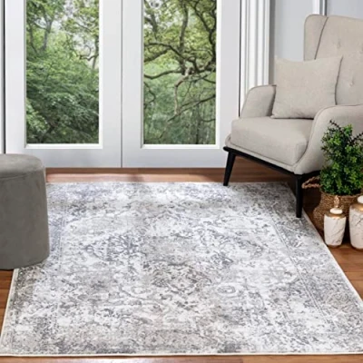 Image of Livabliss Almere Vintage Rug Area Rugs for Living Room 160x220 cm, Bedroom Scandi Neutral Rug, Traditional Patterned Boho Style, Natural Easy Care Pile Large Grey and White