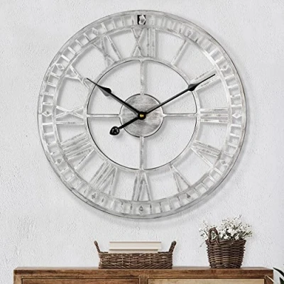 Image of HAITANG Large Metal Iron Retro Wall Clock Silent Non Ticking Battery Operated Vintage Roman Numerals Round Modern Clocks For Living Room Decor Black 60cm