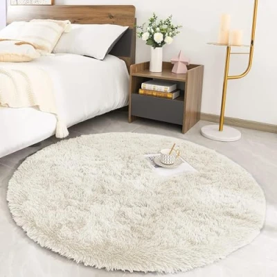 Image of MOONLIGHT20015 Round Rugs Living Room Cream Area for Bedroom 120x120 cm Anti Slip Modern Super Soft Thick Pile Fluffy Shaggy Rug Plush Carpet Non Shedding Easy To Clean
