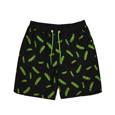Image of Rick and Morty Swim Shorts for Men Adults Pickle Swimming Trunks Pants Drawstring Waistband Pockets Black &amp; Green Merchandise Large