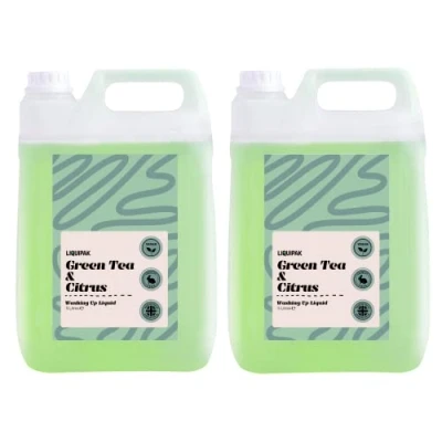 Image of Liquipak Vegan Washing Up Liquid, Refill Green Tea &amp; Citrus 100% Cruelty Free, Removes Tough Stains (2x5 Litres)