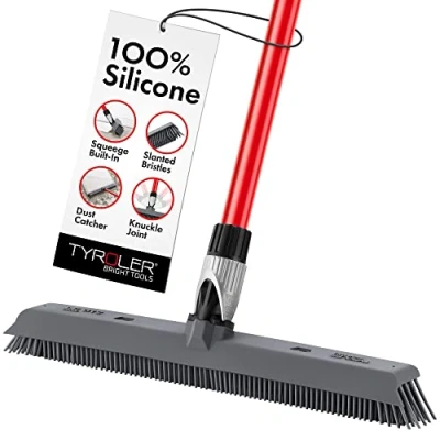 Image of Tyroler 2 in 1 Broom &amp; Floor Squeegee 41cm Head Brush 100% Silicone 140cm Anti Rust Handle Perfect Carpet Pet Hair for, Decks, Tiles, Indoor Outdoor (Gray)