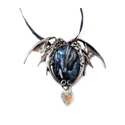 Image of Once Upon A Time Dragon Cameo Oval Cabochon Style Pendant Necklace in Double Winged Setting with Heart Manmade Crystal Dropper, Ribboned Artwork by Anne Stokes