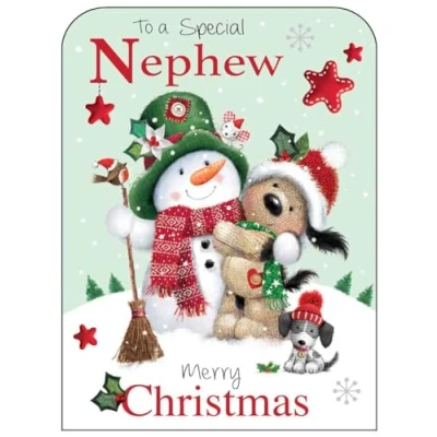 Image of Nephew Christmas Card Special Dog and Snowman Festive Design Finishes Illustrated Insert Leaf Made in the UK