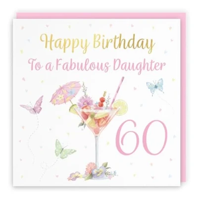 Image of Hunts England 60th Daughter Pink Cocktail And Butterflies Birthday Card Luxury Gold Foil Milo&#039;s Gallery Age 60 Drinks, Flowers, Hearts Elegant For Sixty
