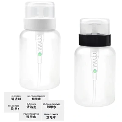 Image of KYSUN 2 Pieces Push Down Bottle Container, 200 ml Nail Art Liquid Empty Bottle, Polish Remover Dispenser for Makeup and Polish, Black White