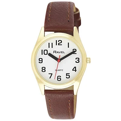 Image of Ravel Unisex Super Bold Sight Aid Watch with Big Numbers Brown/Gold Tone/White Dial