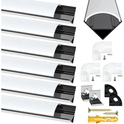 Image of LED Strip Profile,6Pack Aluminum Channel 3.3ft/1Meter Black V Shape Profile with Milky White Cover, End Caps, Mounting Clips Extrusion 90 Degrees Connectors for Lights
