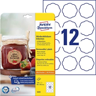 Image of Avery Zweckform 5085 jam Labels (A4, 120 Flower Shaped Labels, Removable, 60 mm x 59.5 mm) 10 White