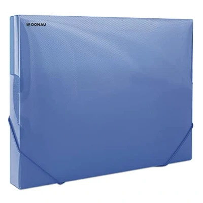Image of DONAU 8545002PL 10 Collection Box Document File with Corner Tensioner Rubbers Made of Plastic/PP 700μm Blue Transparent for DIN A4 Spine Width 30 mm Foldable Side Wings Office and School