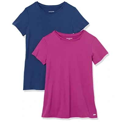 Image of Amazon Essentials Women&#039;s Tech Stretch Short Sleeved Crew Neck T Shirt (Available in Plus Size), Pack of 2, Blue/Orchid Purple, 3XL
