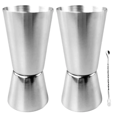 Image of 2pcs Spirit Measure 25ml 50ml,Stainless Steel Measures with Stirring Spoon,Cocktail Jigger Cup,Shot Dual Measuring Cup for Bar Cocktail Measurements