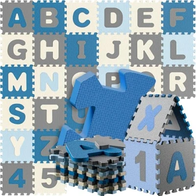 Image of Spielwerk® 86 Piece Childrens&#039; Puzzle Play Mat Baby Toddler Kids 3.3 m² EVA Foam Floor Protection Crawling 29.5x29.5cm Letters Numbers ABC Learning Carpet XXL Blue