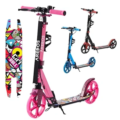 Image of Arebos KICK_SCOOTER Cityroller Scooter, Pink, Adjustable, Foldable, Hand &amp; Pedal Brake, LED, 100 kg Load, for Children Adults