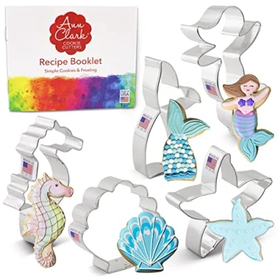 Image of Mermaid Cookie Cutters 5 Pc. Set Made in The USA by Ann Clark, Mermaid, Tail, Starfish, Seahorse, Seashell